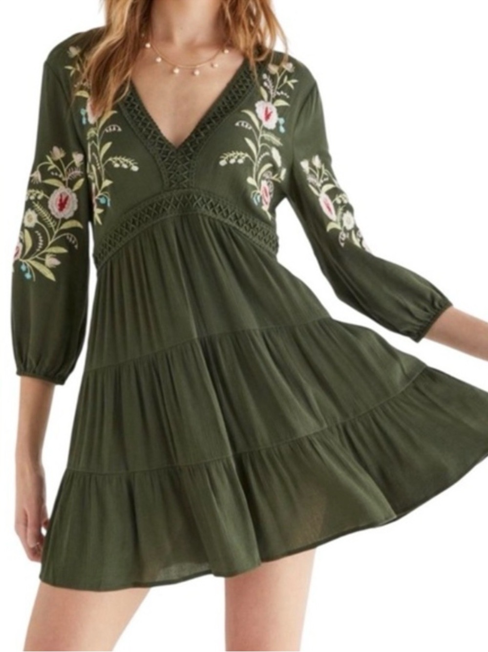 Francesca’s x Audrey Parks Jordina Embroidered Mini Dress Olive Green Sz Medium - Picture 1 of 7